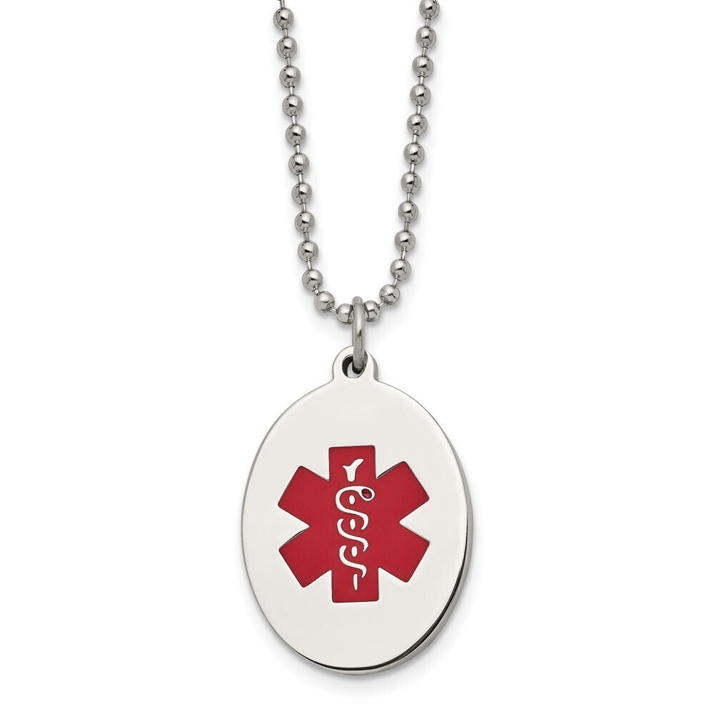 Steel Red Enamel Oval Medical ID Pendant on a 24in Ball Chain Necklace